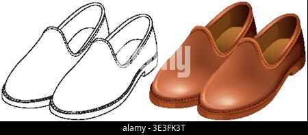 Brown leather loafers shown in both detailed color and clean outline vector illustration styles Stock Vector