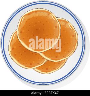 Three fluffy pancakes with syrup, top-down vector illustration, clean lines, soft shadows Stock Vector