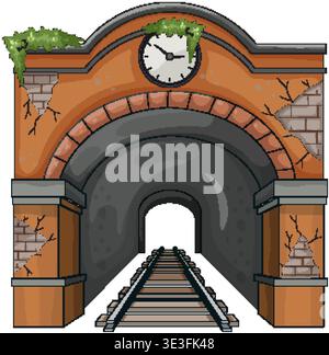 Vector illustration of cracked brick railway tunnel entrance with clock, moss, and disappearing tracks Stock Vector