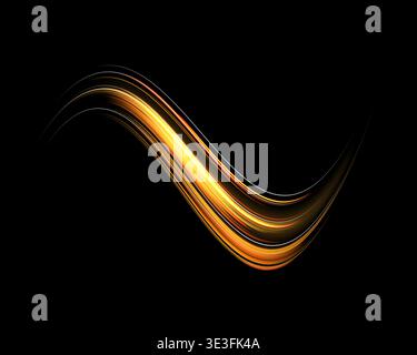 Glowing orange lines. Neon realistic energy speed. Abstract light effect on a black background. Vector illustration. Stock Vector