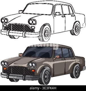 Vintage four-door sedan shown in clean line art outline and shaded color vector style Stock Vector
