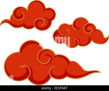 Three stylized red clouds with gold outlines isolated on white in traditional oriental vector style Stock Vector