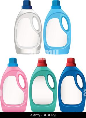 Five vector detergent bottles in various colors, isolated on white, clean modern flat style Stock Vector