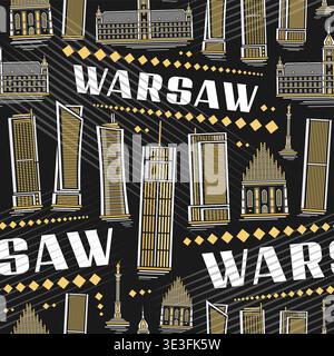 Vector Warsaw Seamless Pattern, square background with outline illustration of nighttime warsaw city scape on dark backdrop for textile or fabric, dec Stock Vector
