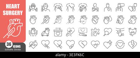 Heart surgery thin line icons set. Medical cardiology, surgical procedure, heart transplant, and medical healthcare linear vector symbols. Stock Vector