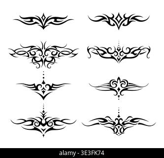 tribal tattoo set collection for lower back, shoulder or chest. Vector frame border pattern ornament decor black on white background Stock Vector