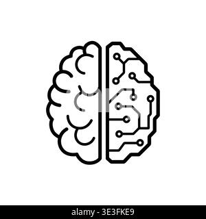 Minimal line icon of human brain and artificial intelligence concept split brain symbol representing comparison between technology and human thinking Stock Vector
