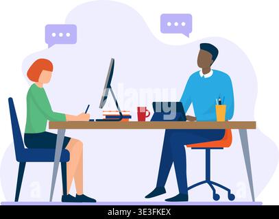 Flat vector of a man and woman working together on digital projects with computers and tablets in a modern workspace. Stock Vector