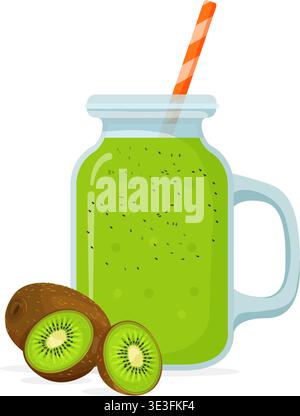 A vibrant vector of a refreshing kiwi smoothie in a handle jar with a straw and sliced fruit. Stock Illustration. Stock Vector