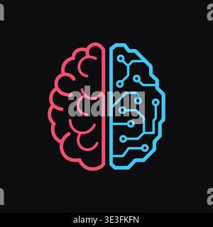 Neon style icon of artificial intelligence and human brain on dark background split concept showing comparison between technology and human thinking i Stock Vector