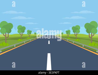 Empty Highway Road Through Green Landscape Background stock illustration. Stock Vector