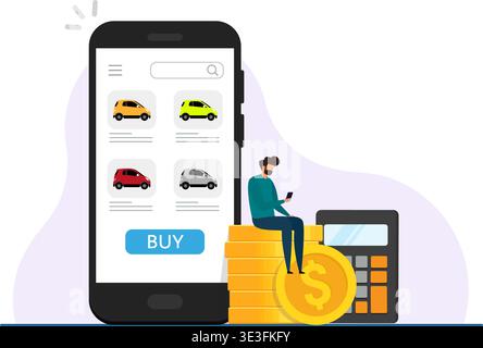 Modern vector showing a man buying a car through a smartphone app with coins and calculator, symbolizing digital payments. Stock Vector