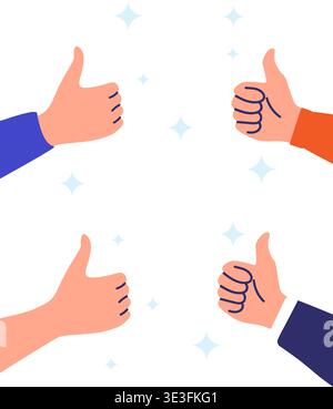 Colorful vector illustration showing multiple hands giving thumbs up, symbolizing approval, success, and positive feedback. Stock Vector