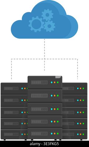Cloud storage technology connecting to hardware server racks for data processing and hosting. Stock Illustration. Stock Vector