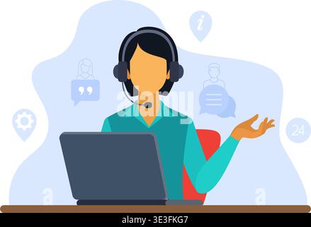 Flat vector illustration of a customer support agent using a headset and laptop to assist users through online chat and calls. Stock Vector