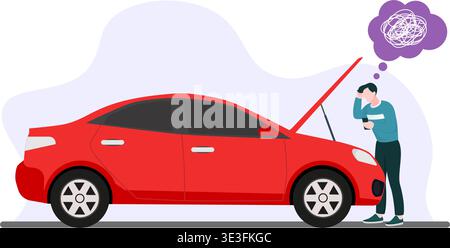 A confused driver stands by a red sedan with an open hood, feeling stressed about car engine trouble and breakdowns. Stock Vector