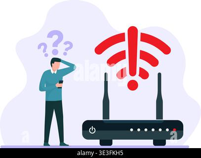 Flat vector illustration of a confused man looking at his phone while facing a WiFi connection error on a router, representing internet issues. Stock Vector