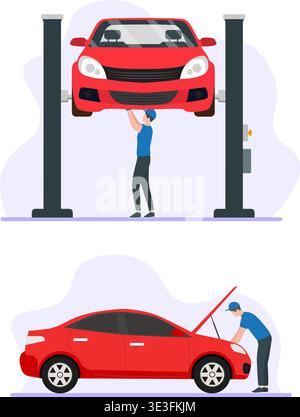 Vector illustration of a mechanic inspecting a red car on a lift and checking the engine, representing vehicle maintenance, and repair service. Stock Vector