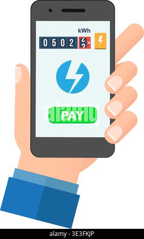 Vector illustration of a hand using a mobile app to pay electricity bills and monitor kilowatt-hour energy usage. Stock Vector