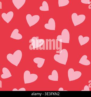 Hand drawn doodle hearts seamless pattern pink hearts on red Delicate shapes create a soothing, romantic atmosphere. Perfect for valentines, wedding i Stock Vector