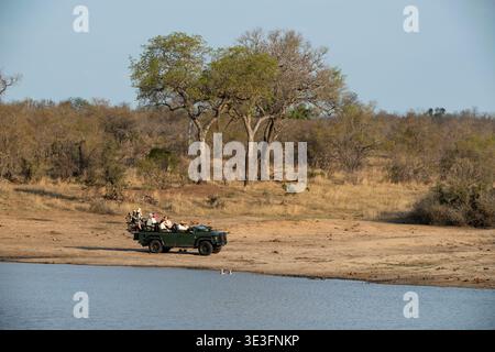 Safari vehicle at a waterhole, Manyeleti Game Reserve, South Africa Stock Photo