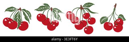 Set of glossy red cherries in natural clusters Stock Vector