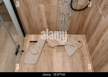 Shower cabin wall and floor showing broken tiles and signs of water damage during bathroom renovation Stock Photo