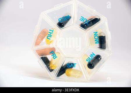 Medication pill box,close up,selective focus Stock Photo