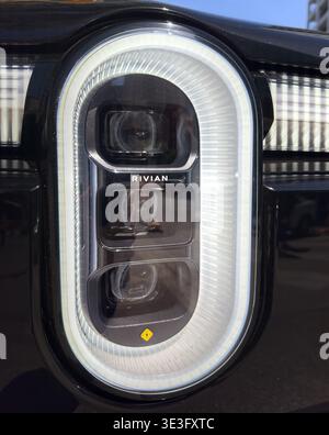 Closeup of Rivian R2 headlights during Rivian's display and ...