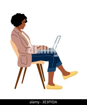 Black woman sitting on a chair working on a laptop Stock Vector