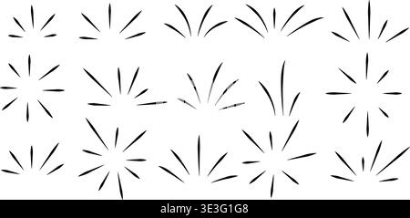 Hand drawn set of rays, flashes, motion. Dynamic design elements, explosion, flying sparks, rays of light. Doodle sketch style, vector graphics Stock Vector