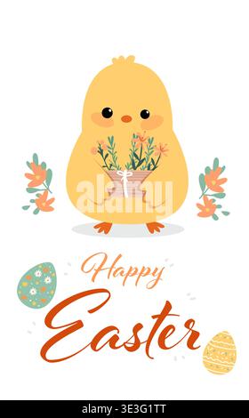 Easter chick holding flowers spring eggs floral decorations cute yellow bird pastel colors white background greeting card Stock Vector