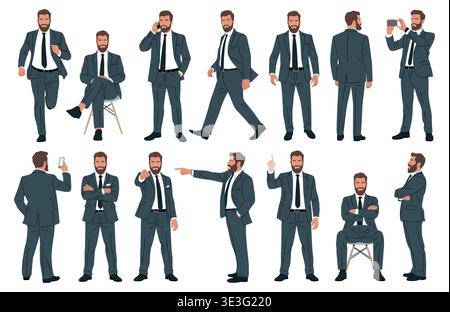 Business man in formal suit in various poses Stock Vector