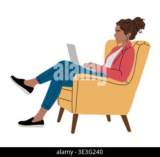 Dark skinned woman sitting in armchair with laptop Stock Vector