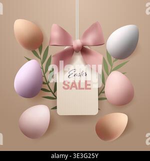 Easter eggs pastel colors bow tag leaves holiday festive background hanging label decorative elements beige template Stock Vector