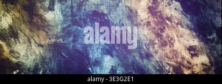 Abstract Dark Grunge Paint Texture. Rough Blue and Gold Brushstrokes Background on Canvas. Stock Photo