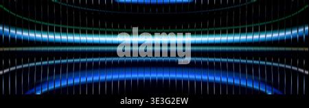 Futuristic Blue Light Arcs on Black Background with Vertical Glass Stock Photo