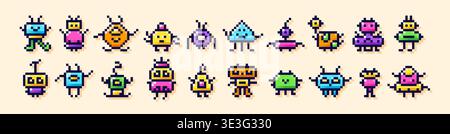 Pixel art color riders. 8-bit game images of monsters. Stock Vector