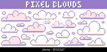 Pack with pixel art game white and pink clouds. Stock Vector