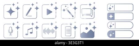 Set of AI assistant icons with magic wand, image, video, music and chat symbols. Artificial intelligence tools for content creation, creative Stock Vector