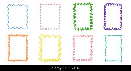 Hand drawn crayon frames set with pastel borders. Naive doodle style boxes for kindergarten art, preschool worksheets, playful backgrounds, cute Stock Vector