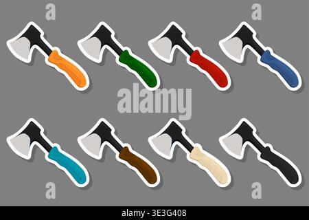 Illustration on theme big kit steel axes with wooden handle, metal ax for hunting, pattern ax consisting of many different axes on grey background, fo Stock Vector