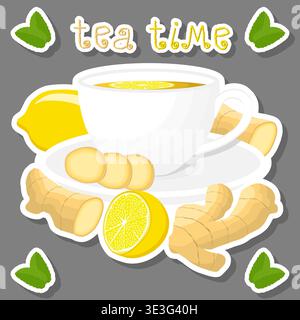 Illustration on theme of porcelain cup for tasty ginger tea, porcelain cup consisting of collection accessory on kitchen to ginger tea, fresh savory g Stock Vector