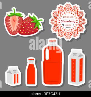 Illustration on theme big set different types of juice strawberry in bottle, juice strawberry pattern consisting of collection organic beverage to bot Stock Vector