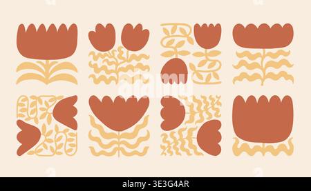 A vibrant collection of abstract floral elements featuring red blossoms and wavy yellow stems in a modern flat style. These minimalist spring Stock Vector