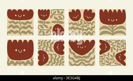 A vibrant collection of abstract floral elements featuring dark red smiling blossoms and wavy green stems in a modern flat style. Minimalist spring Stock Vector
