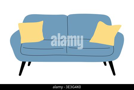 Mid century vintage blue sofa with yellow pillows Stock Vector