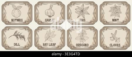 Vintage style labels, hand drawn herbs and spices Stock Vector