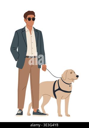 Blind man wearing black glasses with a guide dog Stock Vector
