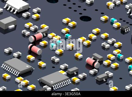 Microelectronics components pattern on printed circuit board tech background Stock Photo